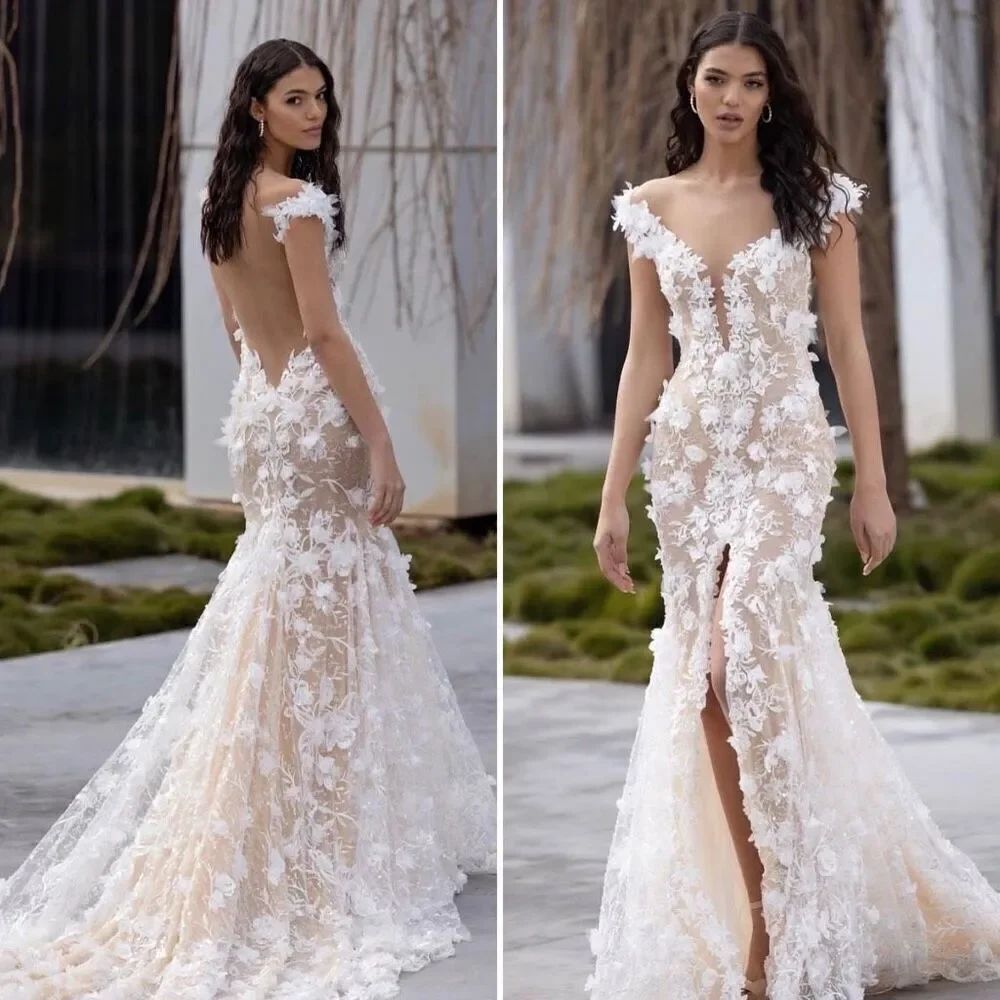 Lian Rokman Couture 3D Floral Lace Illusion Bridal Wedding Gown Train Est 4-6